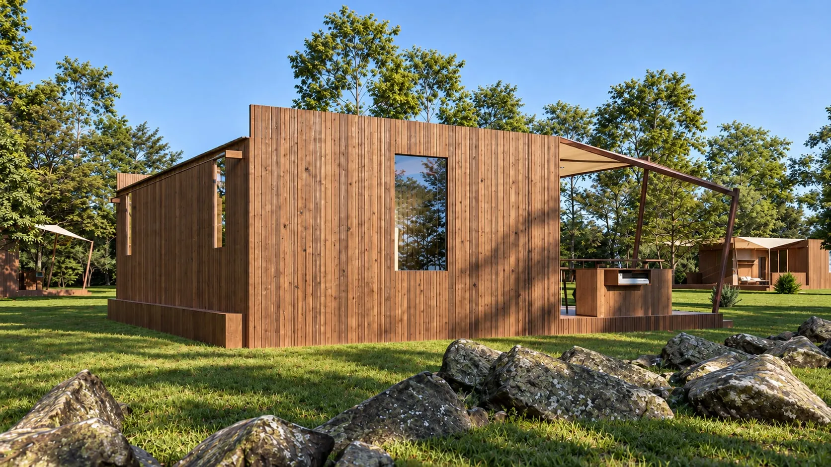 Façade arrière du lodge, bardage bois vertical