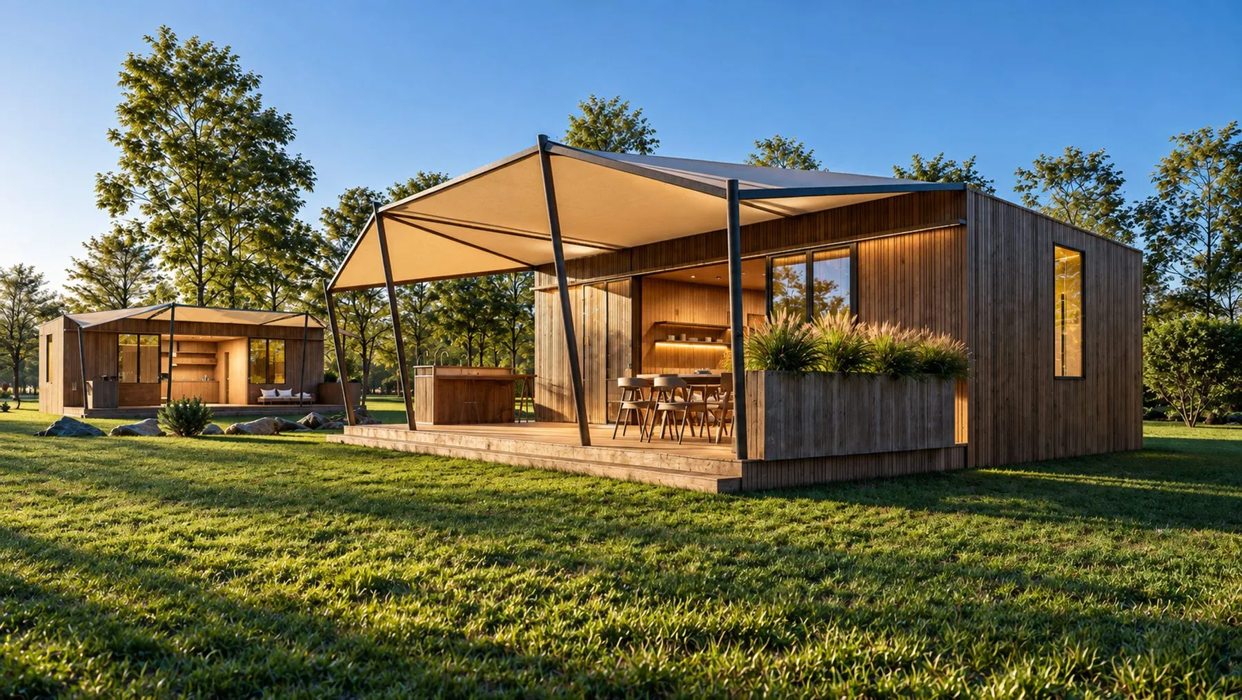 Lodge en bois et sa terrasse sous toile tendue, en journée