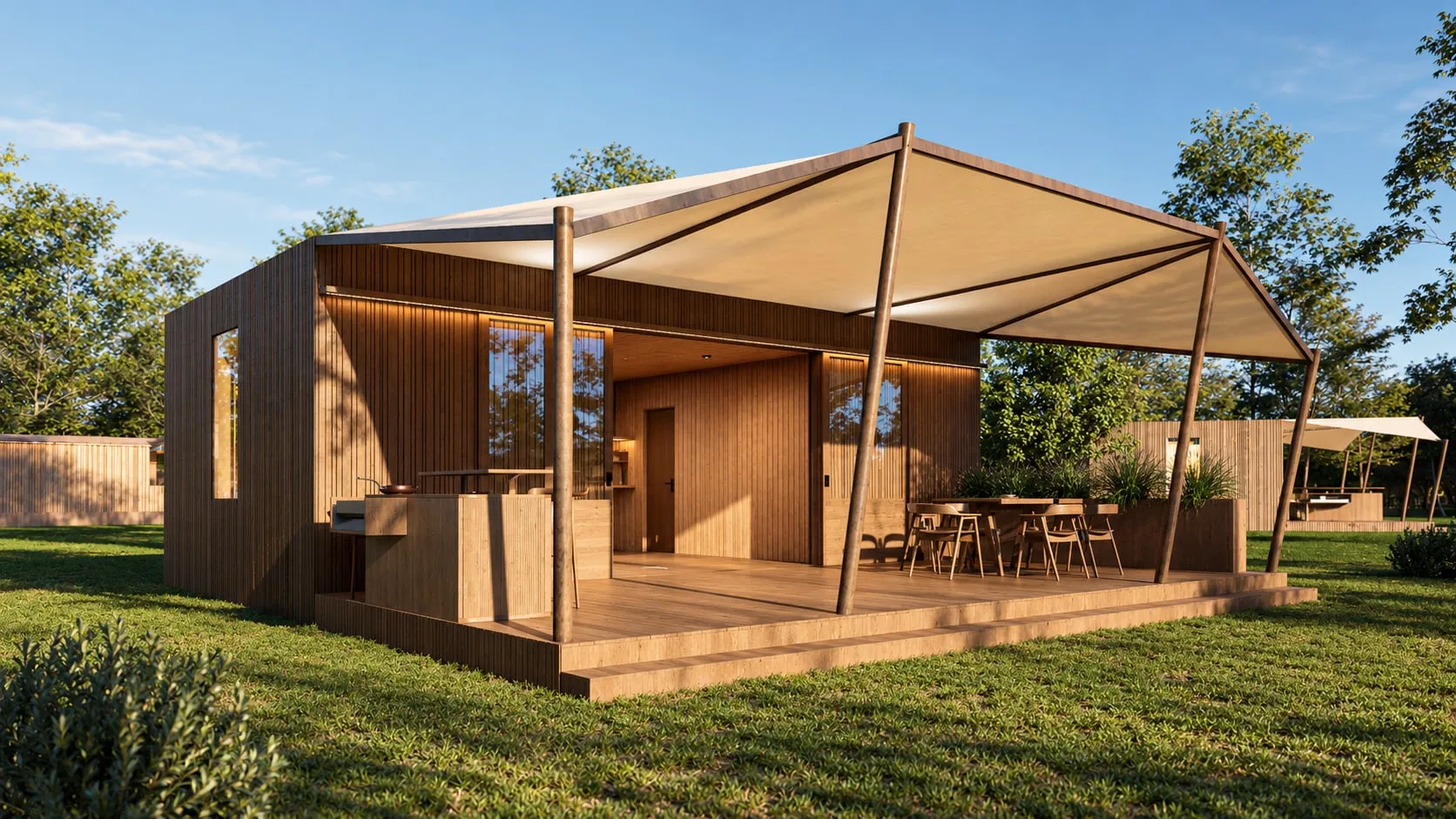 Lodge en bois en journée, terrasse couverte et cuisine extérieure