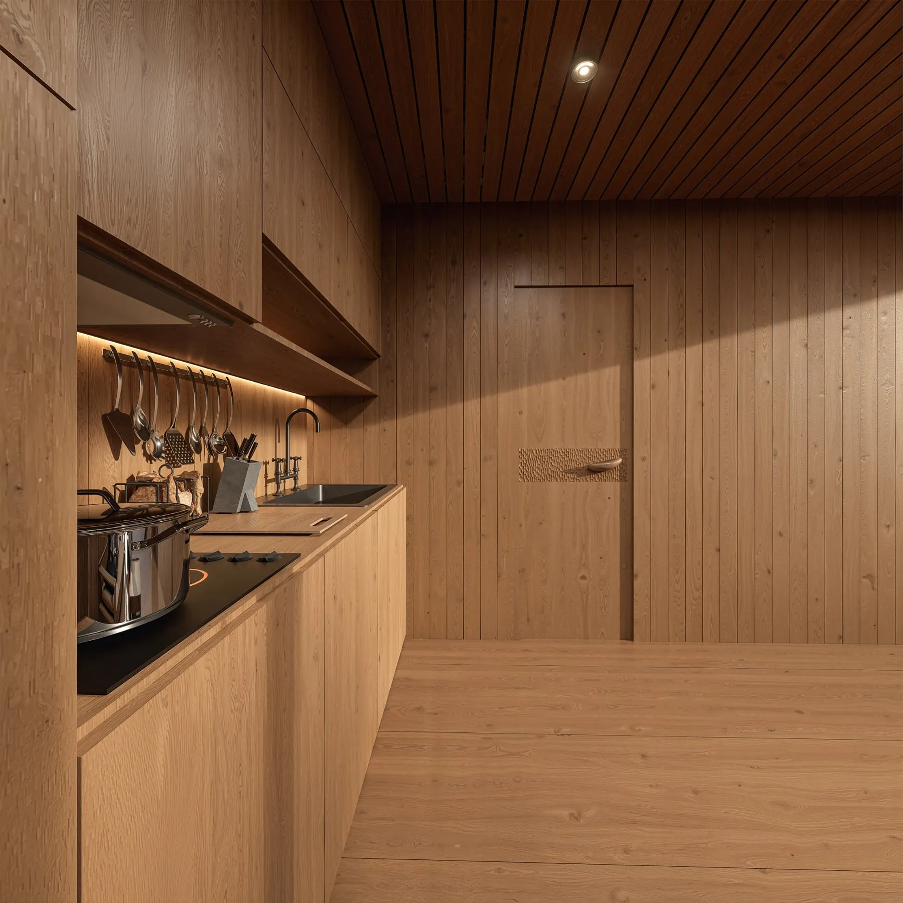 Cuisine intégrée en bois, plan de travail sombre