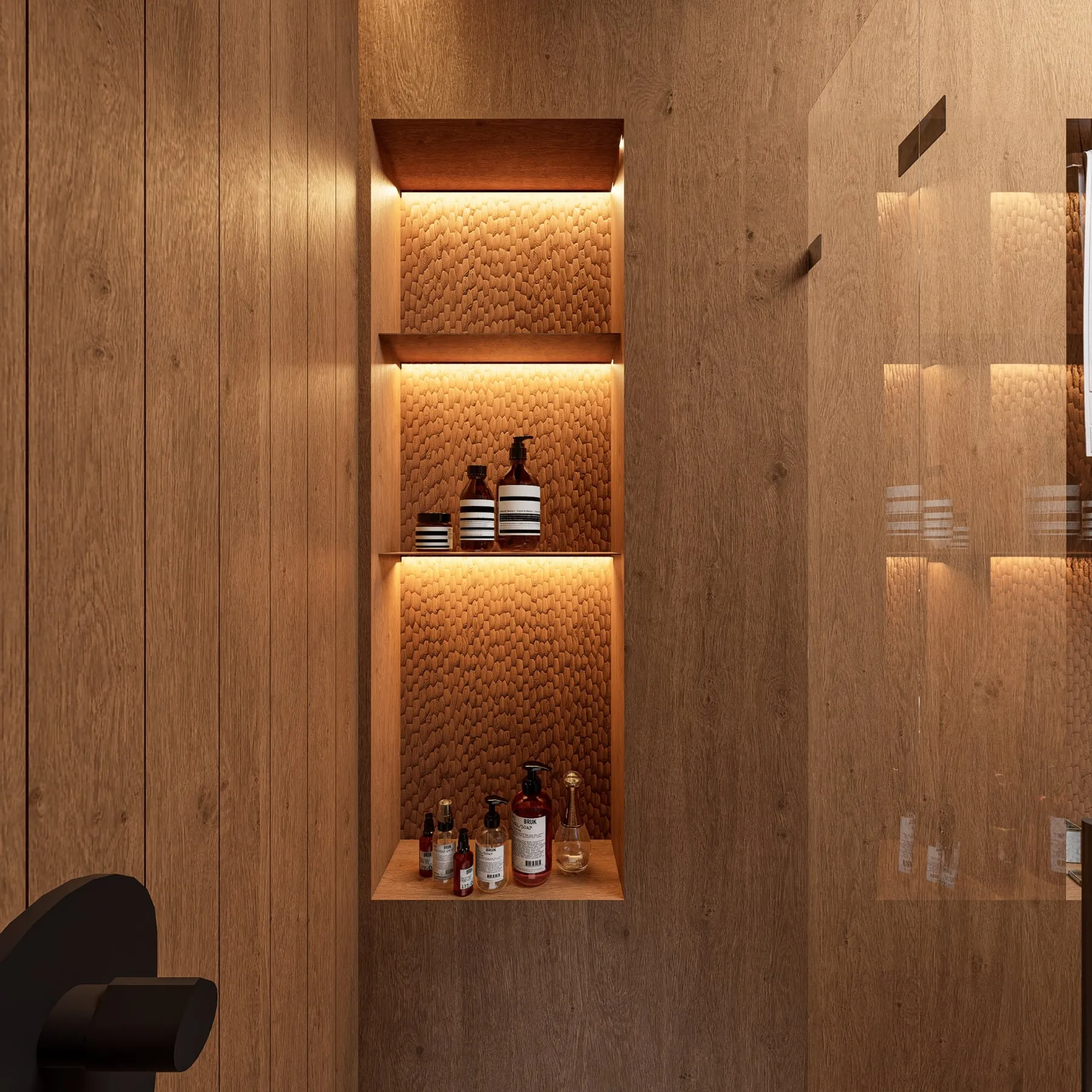 Niche éclairée, fond en bois gougé
