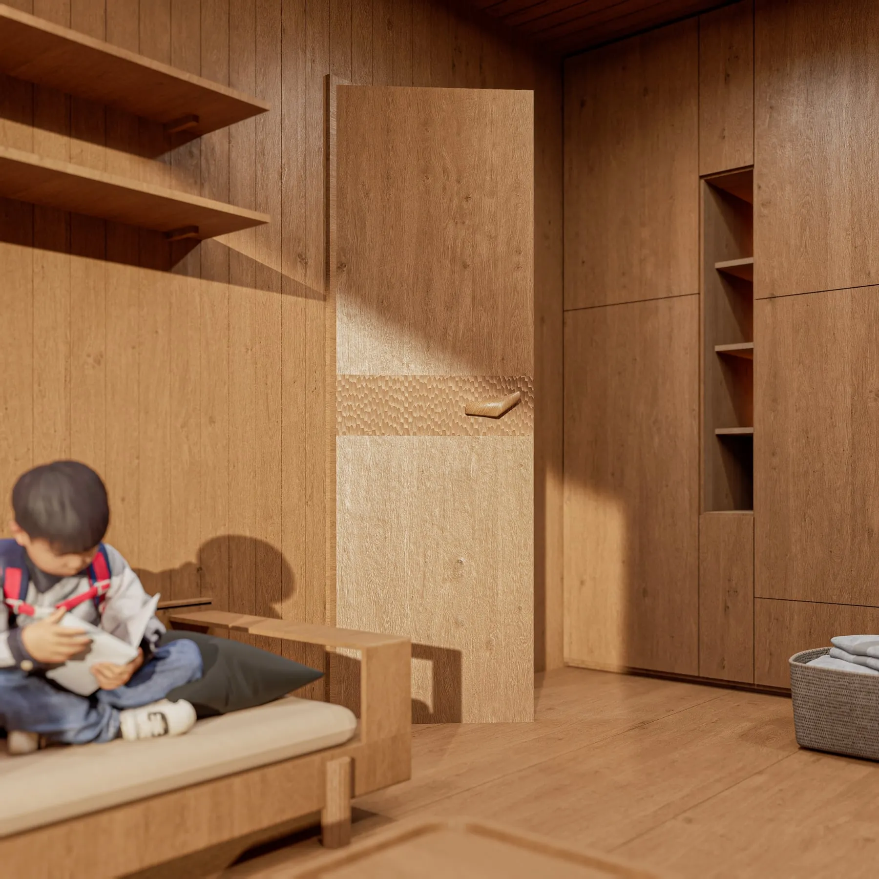 Enfant sur la banquette, panneau de bois gougé au mur