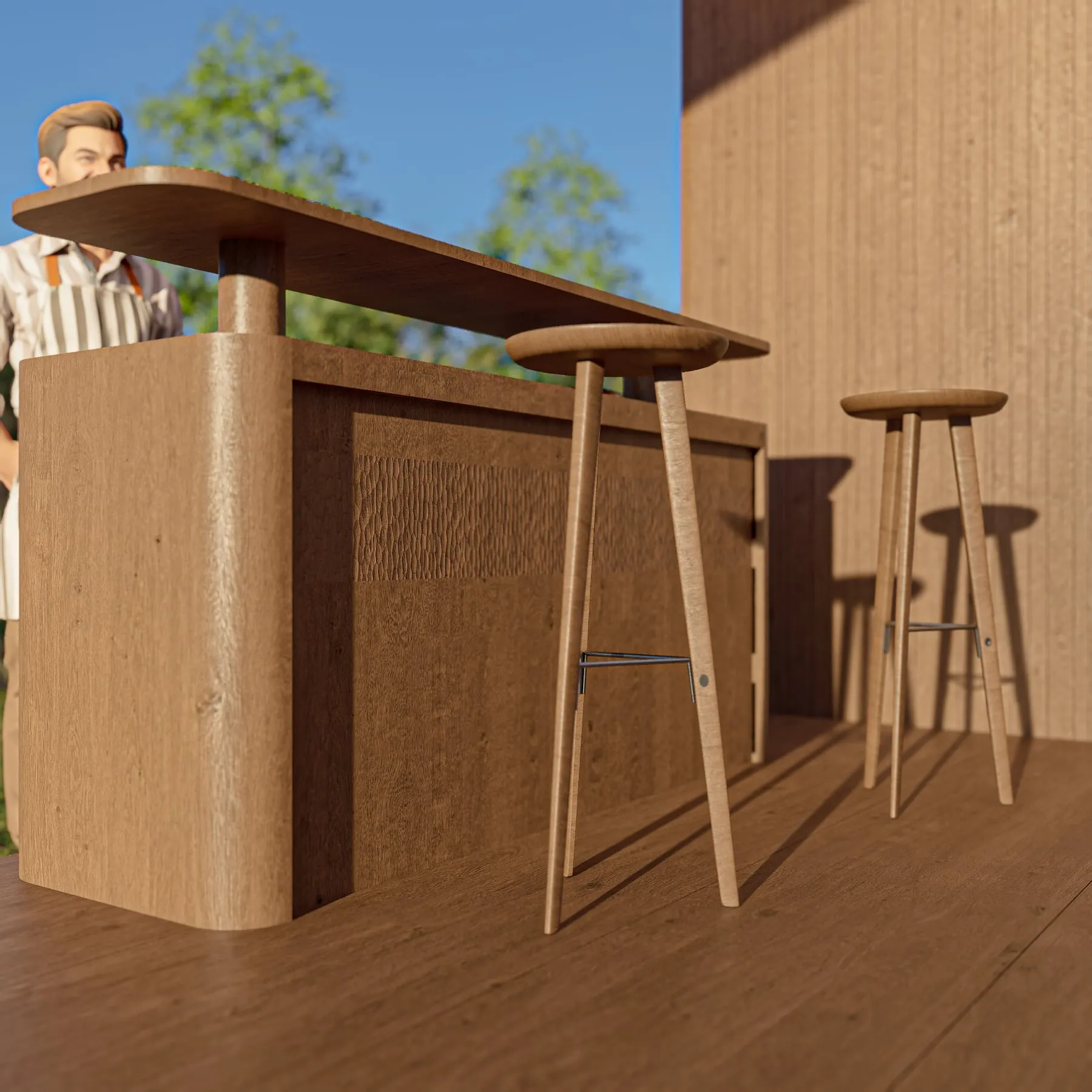 Bar en bois gougé et tabourets hauts