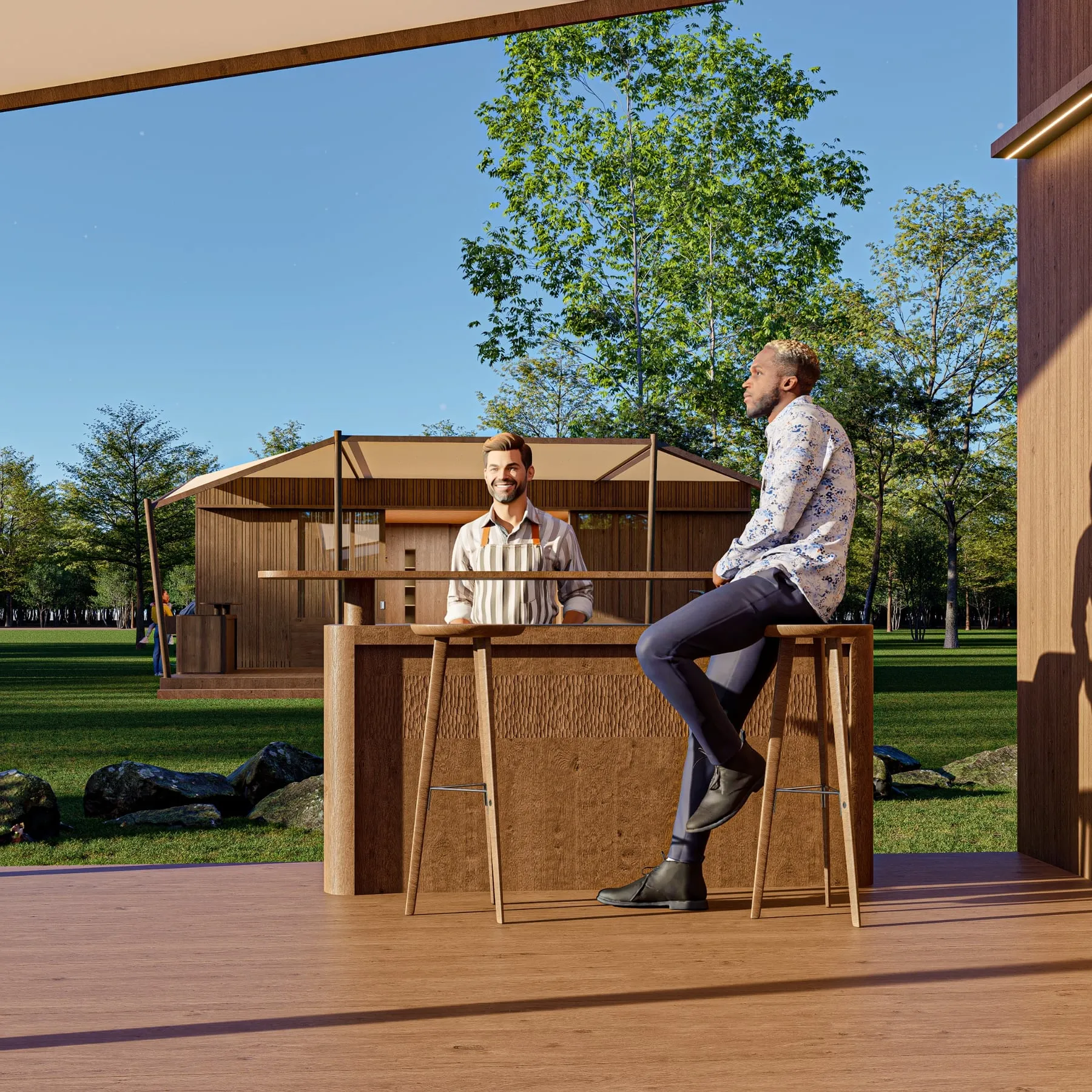Deux hôtes au bar de la terrasse, façade du bar en bois gougé